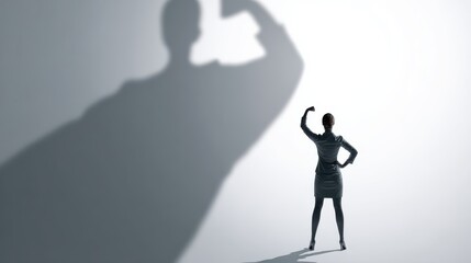 Obraz premium Victory, success and strong woman concept with confident businesswoman on her white shadow with powerful human silhouette background, no logos, no brands