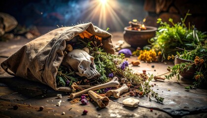 Mysterious arrangement of herbal ingredients and anatomical elements, including human skull and bones spilling from a rustic pouch, evoke a sense of historical practices, alchemical experiments.
