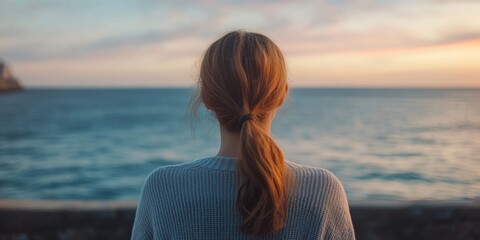 A woman stands on the shore at sunset, looking out to sea, her hair is pulled back into a bun, and she's wearing a sweater.