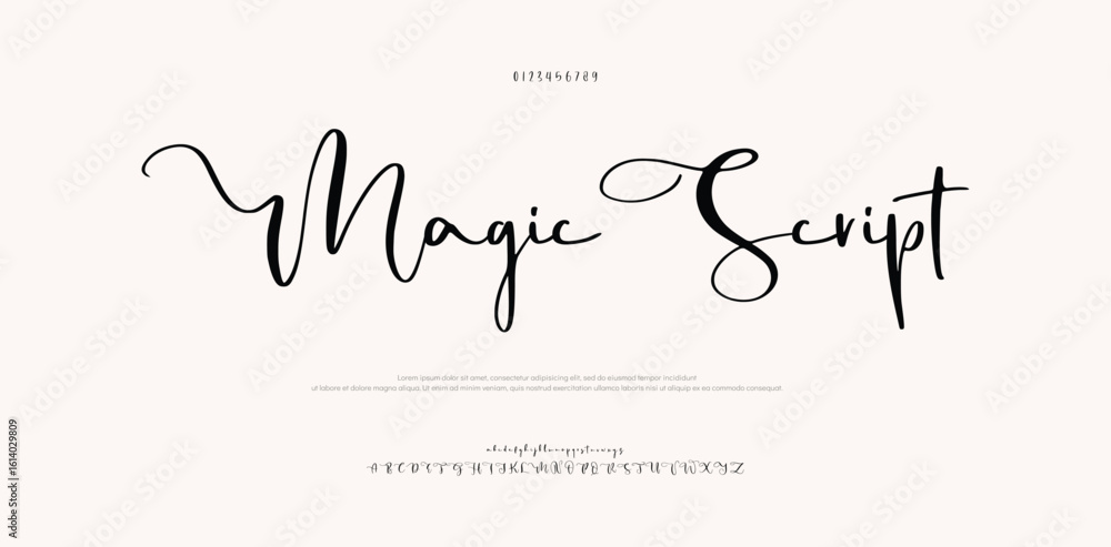 Fototapete signature font uppercase lowercase and number. script font calligraphy logotype elegant font type fo