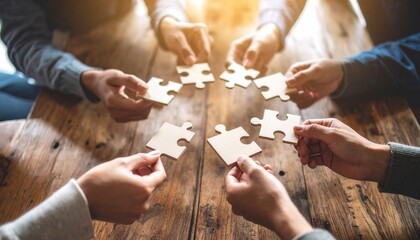 A collaborative team effort unfolds as hands carefully arrange puzzle pieces on a rustic wooden table, symbolizing the integration of elements. A visual of coordination, teamwork.