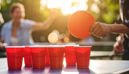 A lively game of beer pong in bright sunlight showcases the dynamic action and camaraderie of the game. The central focus is the ball's trajectory, emphasizing anticipation and skillful shots.