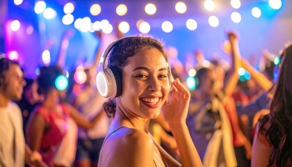 A young woman, immersed in the rhythm of a silent disco, flashes a radiant smile, surrounded by a crowd of joyous dancers, creating a vibrant atmosphere.