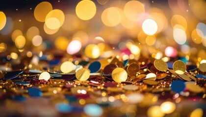 An abstract, vibrant, and glamorous composition. An abundance of shimmering gold confetti, catching the light. the image is great for creating a festive mood, celebration and joy.