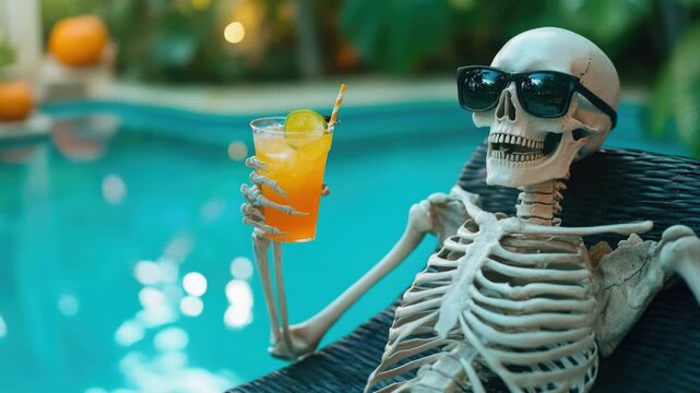 A skeleton sitting in a chair holding a cup and saucer