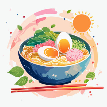 Vibrant illustration of a Japanese ramen bowl with soft-boiled eggs, greens, and red chopsticks.