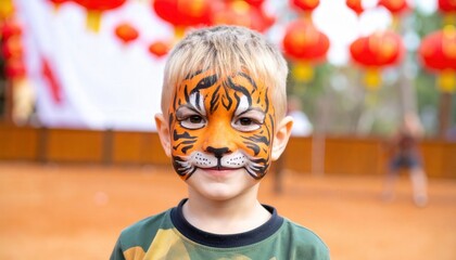 A portrait of a cheerful child with striking tiger face paint, smiling gently against the backdrop of vibrant festive decorations, conveying a sense of joy.