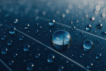 A close-up photograph of a solar panel with water droplets reflects the surrounding natural beauty. the photo tells a compelling story about renewable energy and sustainability.