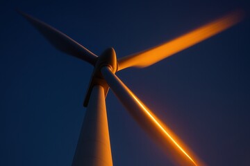 A colossal wind turbine, its blades sweeping majestically against a dark blue twilight sky, symbolizing the power of sustainable energy.