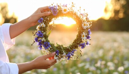 A woman's gentle hands cradle a delicate floral wreath in a sun-drenched field, embodying the essence of summer's warmth and natural beauty.