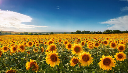 Fototapeta premium sunflower field in full summer bloom with bright yellow petals against clear blue sky creating cheerful agricultural landscape perfect for seasonal content summer agriculture and rural countryside
