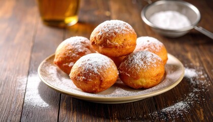 A close-up shot of golden, fluffy doughnuts dusted with a delicate layer of powdered sugar on a plate, evoking a sense of culinary delight.