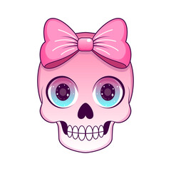 Pink cartoon skull with large, sparkling galaxy eyes and  pink bow.