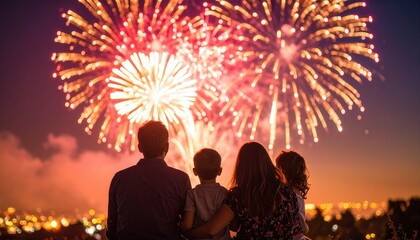 A family shares a moment of awe as vibrant fireworks light up the night sky, creating a scene of togetherness and celebration. Capturing the spirit of unity and the joy of shared experiences.