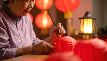 An elderly individual meticulously crafts a vibrant red lantern, symbolizing heritage, tradition, and cultural richness, in this cultural and humanistic photograph.