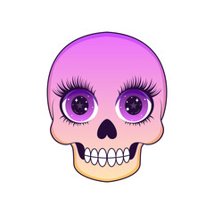 Cute pink and purple gradient cartoon skull with sparkling starry eyes and long eyelashes.