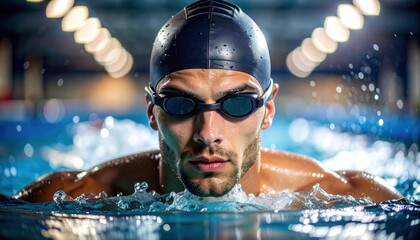 A determined swimmer, focused and intense, cuts through the water, embodying dedication and the pursuit of excellence.