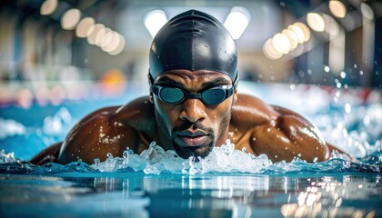 A determined swimmer gracefully cuts through the water, his focus and strength on full display as he navigates the competitive pool. Capturing athleticism, focus.