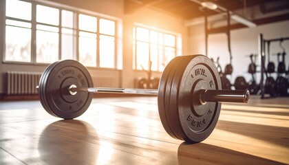 A still-life shot of a well-equipped gym focuses on a barbell loaded with weight plates, capturing the essence of strength and the pursuit of physical fitness, enhanced by the natural sunlight.