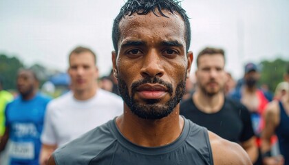 Focused athlete gazes intently at the viewer with determination, sweat glistening on his skin, surrounded by a sea of fellow runners.