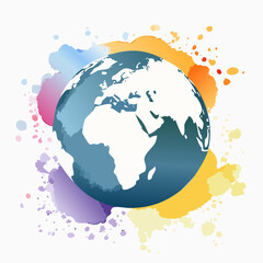 Fototapeta premium Artistic blue Earth globe illustration with colorful watercolor paint splatters.