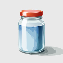A clear glass jar with a vibrant red screw-top lid, filled with a light blue liquid.