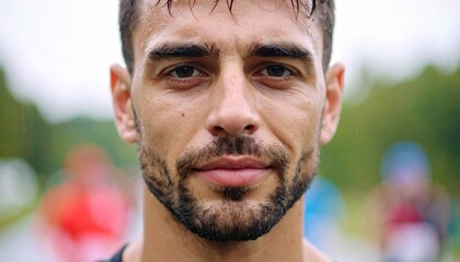 A focused and determined man with piercing eyes stares directly at the camera, radiating strength and determination. His weathered features tell a story of experience.