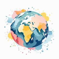 Artistic watercolor globe of Planet Earth with colorful paint splatters in blue, yellow, and pink.