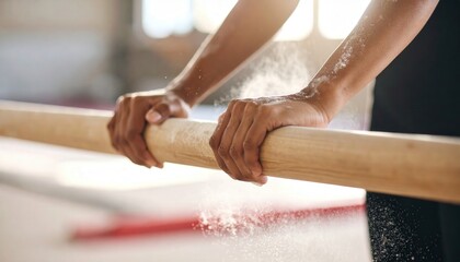 Hands gripping a wooden bar, dusted with chalk. A moment of focus and determination before athletic action.