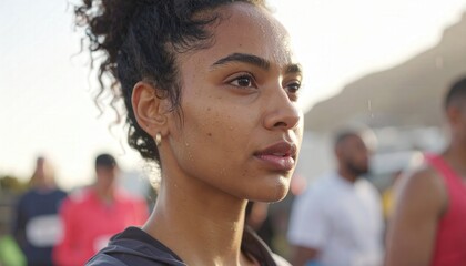 A focused athlete embodies determination and strength, glistening with sweat, ready to conquer the race. The sun casts a warm glow over the confident competitor.