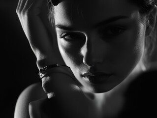 Intense, monochromatic portrait of a woman in thoughtful pose wearing jewelry.