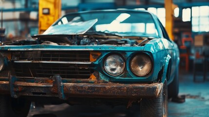 A vintage blue car with engine damage being restored in a garage setting.