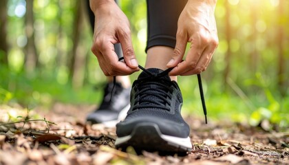 A person is seen tying the laces of a running shoe on a path through the verdant forest, which hints at a journey filled with physical activity. 