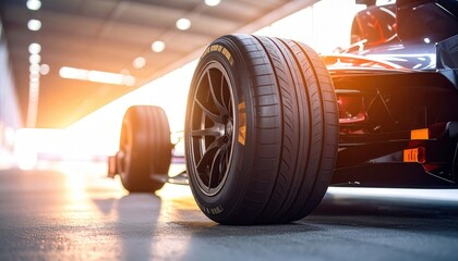 A Formula racing car wheel showcasing high-performance tire within a brightly lit garage. A dynamic display of speed, precision, and technological sophistication.