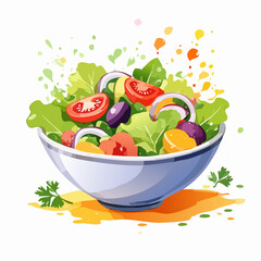 Vibrant watercolor illustration of a fresh vegetable salad in a white bowl with tomatoes, onions, and olives.