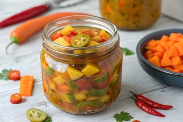pickled vegetables in glass jars