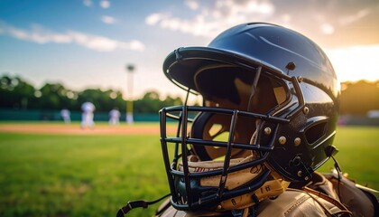 A baseball helmet sits prominently on the field, symbolizing readiness and the anticipation of the game, bathed in golden hour light.