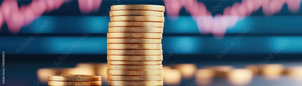 Poster stacks of coins with financial graph background concept
