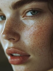 Closeup of a woman's face with freckled skin and red lipstick.