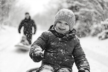 A child smiling on a snowy day while riding in a sleigh being pulled by an adult. The photo captures the joy of winter fun and family activities.