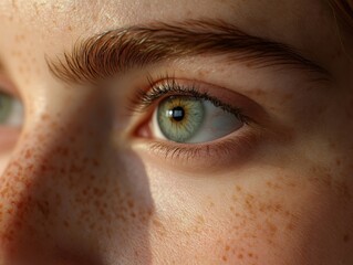 A close-up photo of a human eye with a green iris and eyelashes, showcasing the intricacy and beauty of the anatomy.