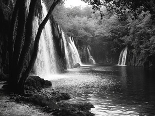 Waterfall in the forest with misty background, tranquil scene