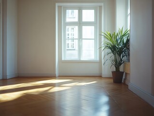 A cozy and well-lit room with a plant in the corner, creating a warm and inviting environment.