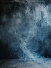 A mysterious and evasive presence is captured in this surreal, blue-toned photograph where fog and smoke obscure an invisible person's identity.