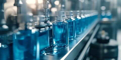 This image depicts a pharmaceutical manufacturing process, with automated machinery used to produce medications and vials filled with blue liquid.