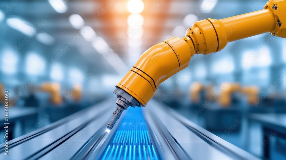 Poster industrial robot arm working on assembly line in factory