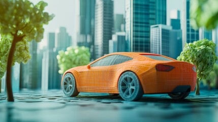 An ultra-modern electric car, possibly conceptualized in a futuristic city with clean energy and sustainability themes.