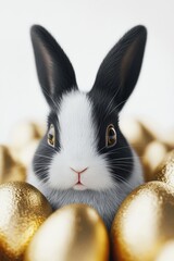 Cute bunny peeking out of gold eggs