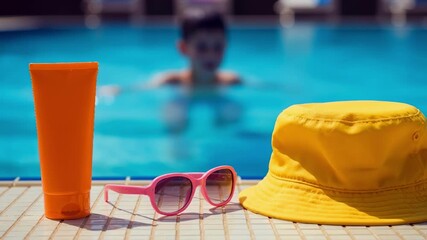 Sunscreen tube mockup with sunglasses and hat at the edge of a pool, representing summer vacation, sun protection, skincare products and safe tanning