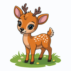 Illustration of a cartoon fawn standing on a patch of grass with small white flowers in the background